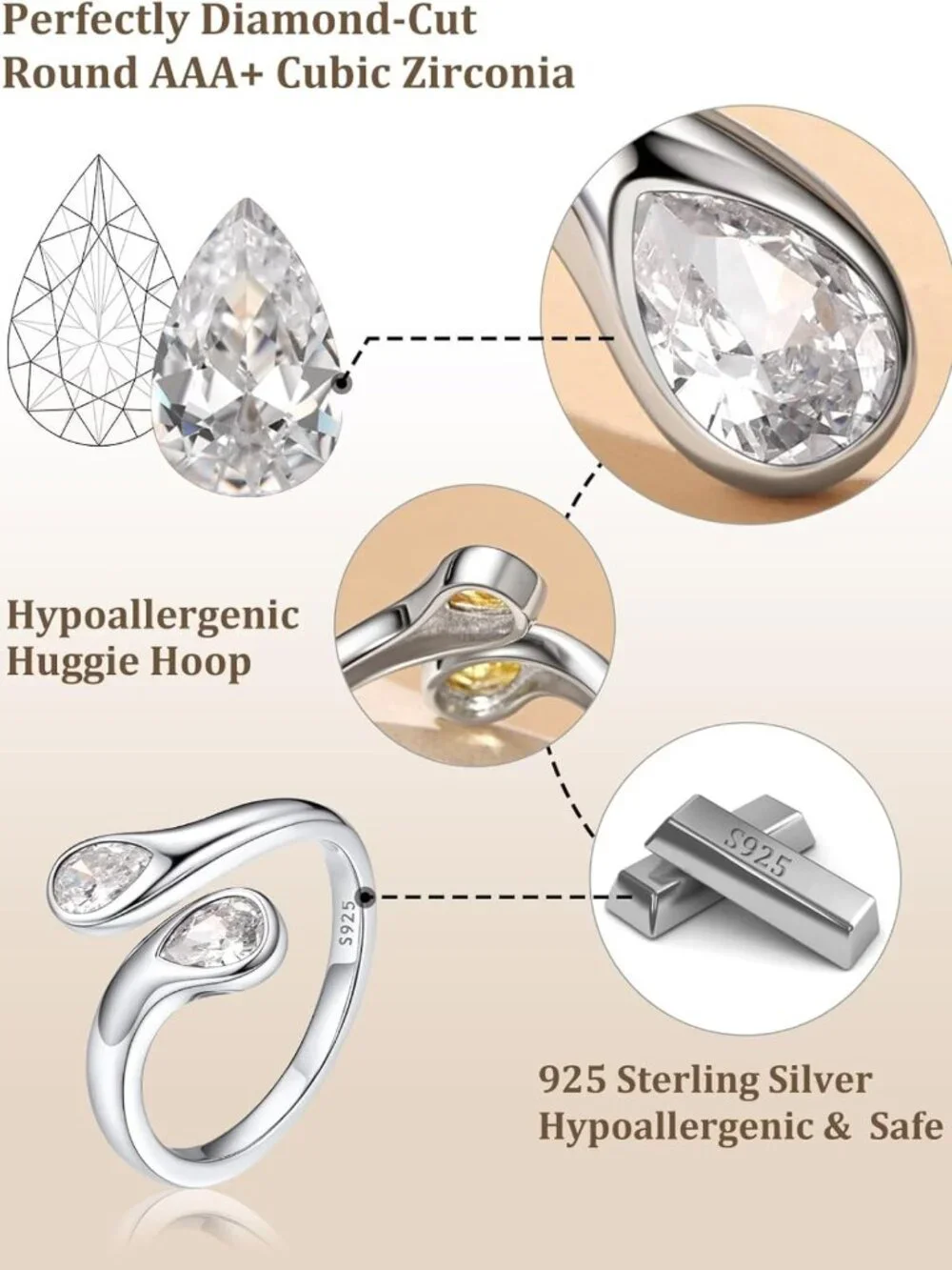 Dainty Silver Birthstone Ring for Women | Adjustable Teardrop Open Band Promise